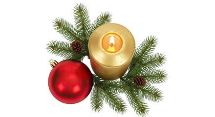 A lit candle with a red bauble and pine branches on a white background.