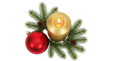 A lit candle with a red bauble and pine branches on a white background.
