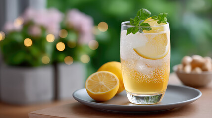 Refreshing lemon drink with ice and mint in glass on outdoor table summer beverage concept for bar menu and advertising