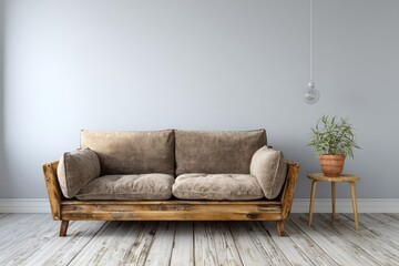 Cozy sofa and plant in a minimalist room with light wooden floor.