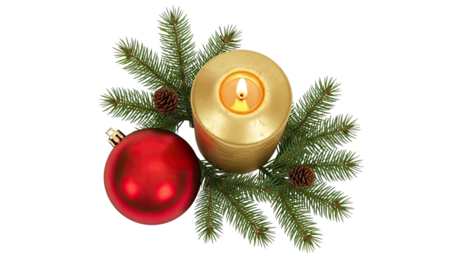 A lit candle with a red bauble and pine branches on a white background.