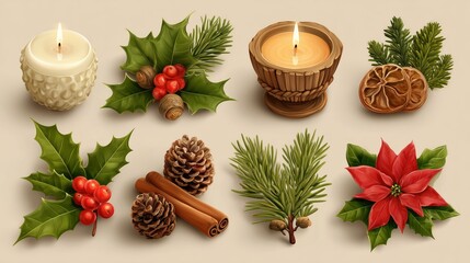Festive Christmas Decor Elements: Candles, Holly, Pine Cones, Cinnamon, Poinsettia
