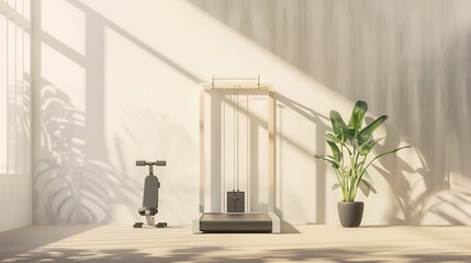 Minimalist gym interior with sunlight casting shadows creating a peaceful workout ambiance