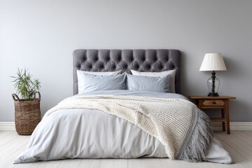 Cozy bedroom with grey tufted headboard and light bedding.