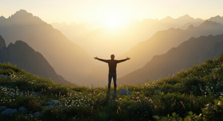 Person with arms outstretched overlooking mountain sunrise