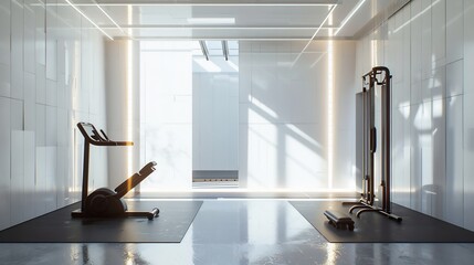 Minimalist and serene home gym with modern exercise equipment and natural illumination