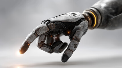 Closeup of robotic hand reaching forward on grey background artificial intelligence automation and future technology industry concept
