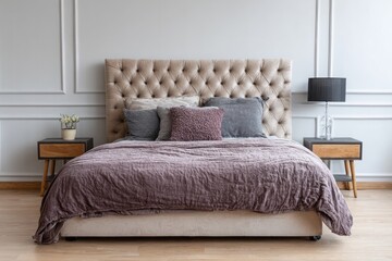 Bedroom with tufted headboard and plush bedding.