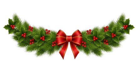 A Christmas wreath with holly leaves and red berries, adorned with a red ribbon bow.
