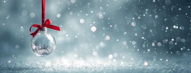 Hanging Christmas Bauble with Red Ribbon Against a Snowy, Sparkling Background