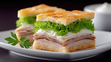 Club sandwich with ham cheese and lettuce on white plate tasty lunch food for cafe menu and delivery ads
