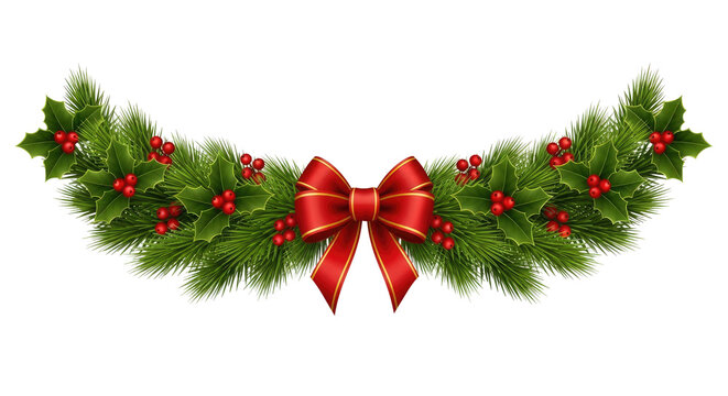 A Christmas wreath with holly leaves and red berries, adorned with a red ribbon bow.
