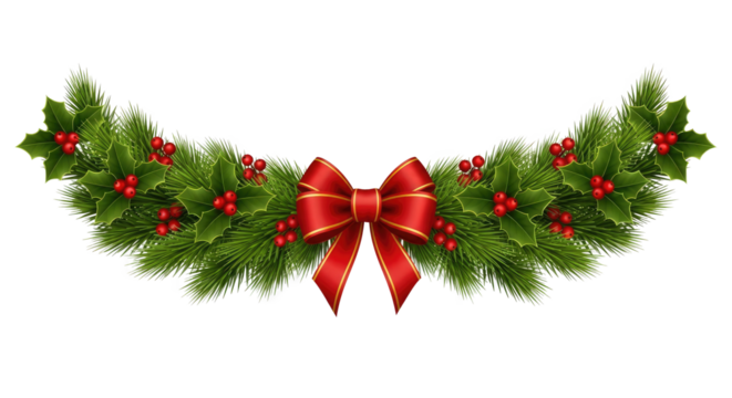 A Christmas wreath with holly leaves and red berries, adorned with a red ribbon bow. - Powered by Adobe