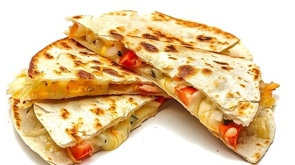 A stack of quesadilla slices with melted cheese and vegetable fillings on a white background surface