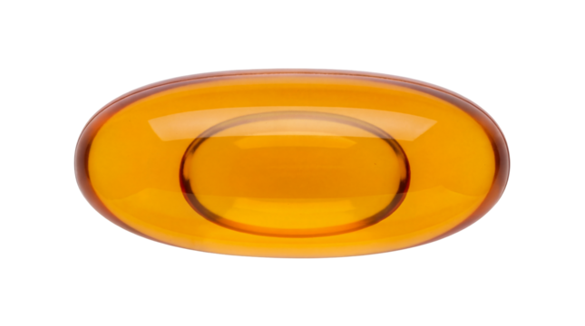 Amber oval capsule isolated PNG, softgel supplement on transparent background, vitamin D or omega 3 for health and wellness