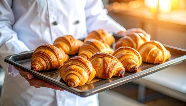 A chef in a white coat holds a tray of golden-brown, freshly baked, flaky, buttery croissants, ready to be served