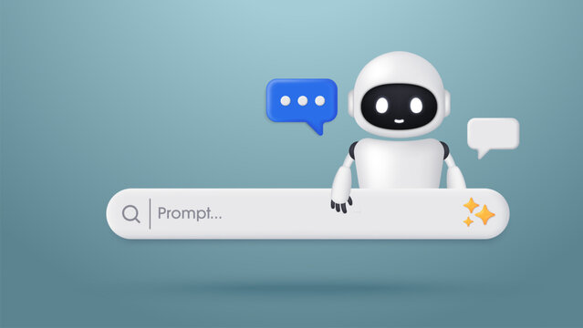 AI robot with a search engine bar and speech bubble. Concept of AI and machine learning. Generative bar. Input prompt as commands for search and analysis by AI, Trendy and modern vector in 3d style.