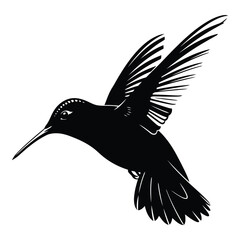 Elegant black silhouette of a hummingbird with outstretched wings in flight, isolated on