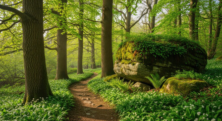 Lush forest path winding past mossy boulder
