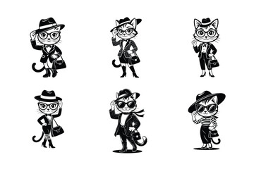 Fototapeta premium Fashionable cat characters in stylish noir illustration for branding and design