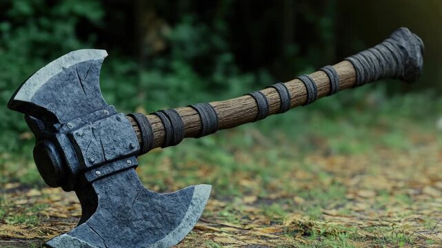 Video A large axe lies on the ground with its wooden handle visible