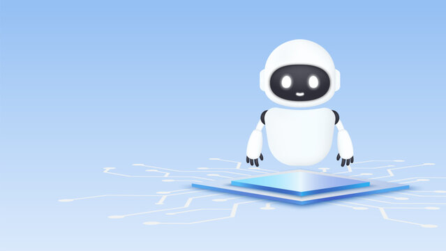 AI robot on chip processor and a circuit board. Concept of AI technology and machine learning. Talking bot with human. Intelligent assistant robot. Trendy and modern vector in 3d style.