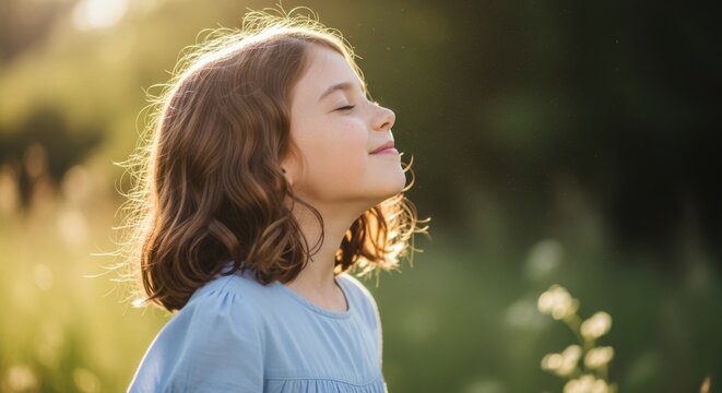 Young girl enjoying golden hour sunlight in nature