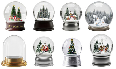 Collection of snow globe with Christmas trees and presents inside, with the text 'Merry Christmas' on a wooden base.