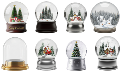 Collection of snow globe with Christmas trees and presents inside, with the text 'Merry Christmas' on a wooden base.