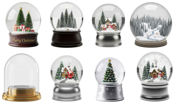 Collection of snow globe with Christmas trees and presents inside, with the text 'Merry Christmas' on a wooden base.