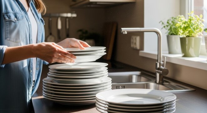 Woman Stacking Clean Dishes in a Bright Kitchen