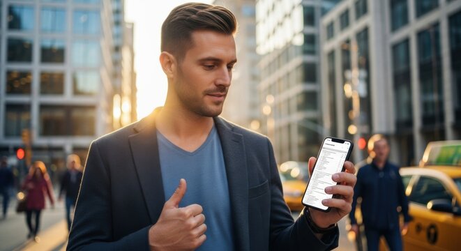 Young man uses smartphone in vibrant urban environment