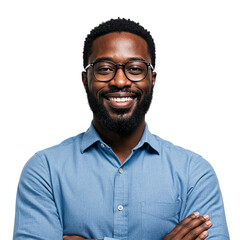Obraz premium Smiling black man wearing glasses and blue shirt with arms crossed confidently isolated on transparent background