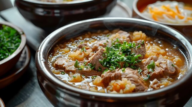 A close up shot of a bowl of soup with meat and vegetables garnished with fresh green herbs served hot - Powered by Adobe