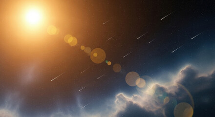 Bright sun and meteor shower in starry sky