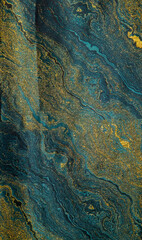 a decorative fabric material with a metallic, marble design in teal and gold tones