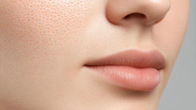 A detailed close-up shot of a human face, highlighting visible skin pores, the nose, and the upper lip. This footage emphasizes skin texture and complexion.