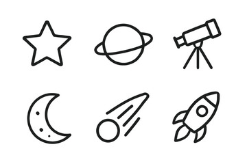 Set of astronomical icons: star, planet, telescope, moon, comet, rocket