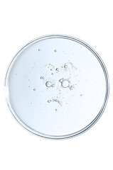 The texture of a cosmetic serum or body gel in a Petri dish.