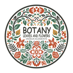 A decorative botanical vector emblem featuring symmetrical floral and leaf elements in earthy green, orange, and red tones, arranged around bold typography for a natural, vintage-inspired design