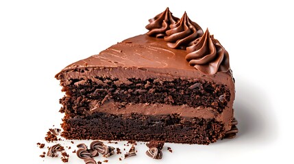 A slice of chocolate cake with chocolate frosting and chocolate curls on a white background