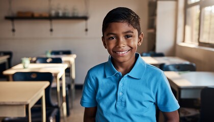Obraz premium Happy Young Boy Wearing Blue Polo Shirt Smiling in Classroom with Natural Light