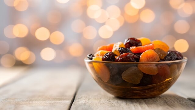 Bowl of Assorted Dried Fruits Including Apricots Raisins and Cranberries With Bokeh Lights Background