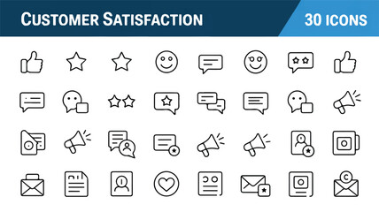 Collection of 30 versatile line icons for customer satisfaction, feedback, and digital communication, ideal for web and app design projects
