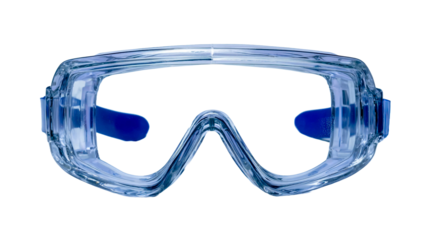 Clear plastic safety goggles with blue accents, studio shot.  isolated on transparent background