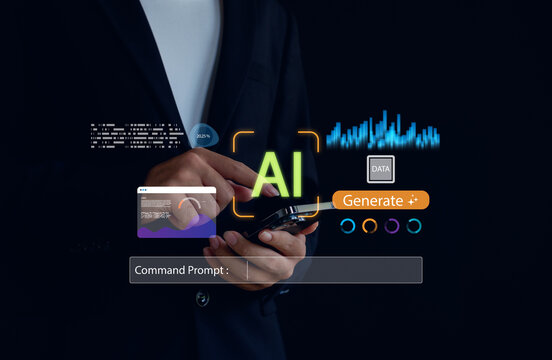 AI data generation concept with digital interface, command prompt, analytics, and mobile technology, illustrating modern artificial intelligence, automation, and advanced data processing systems.