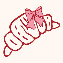 Minimalist hand drawn line art illustration of a delicious French pastry, a croissant, decorated with a cute pink bow in a trendy coquette style. Ideal for bakery, breakfast, dessert, or sweet food .