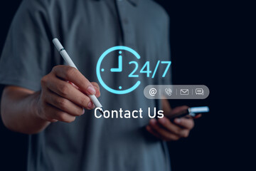 person using digital icons to represent 24/7 contact support, showcasing communication channels such as phone, email, chat, and messaging for customer service and online assistance.