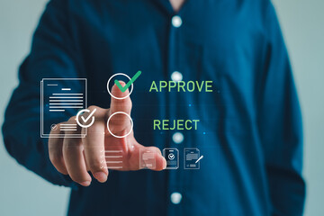 business professional selecting an approval option on a digital interface, symbolizing document review, decision-making, workflow management, authorization, and corporate process automation.