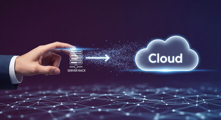 A hand is pointing to a server that is sending data to a cloud, representing cloud computing, data storage, and network solutions for businesses
